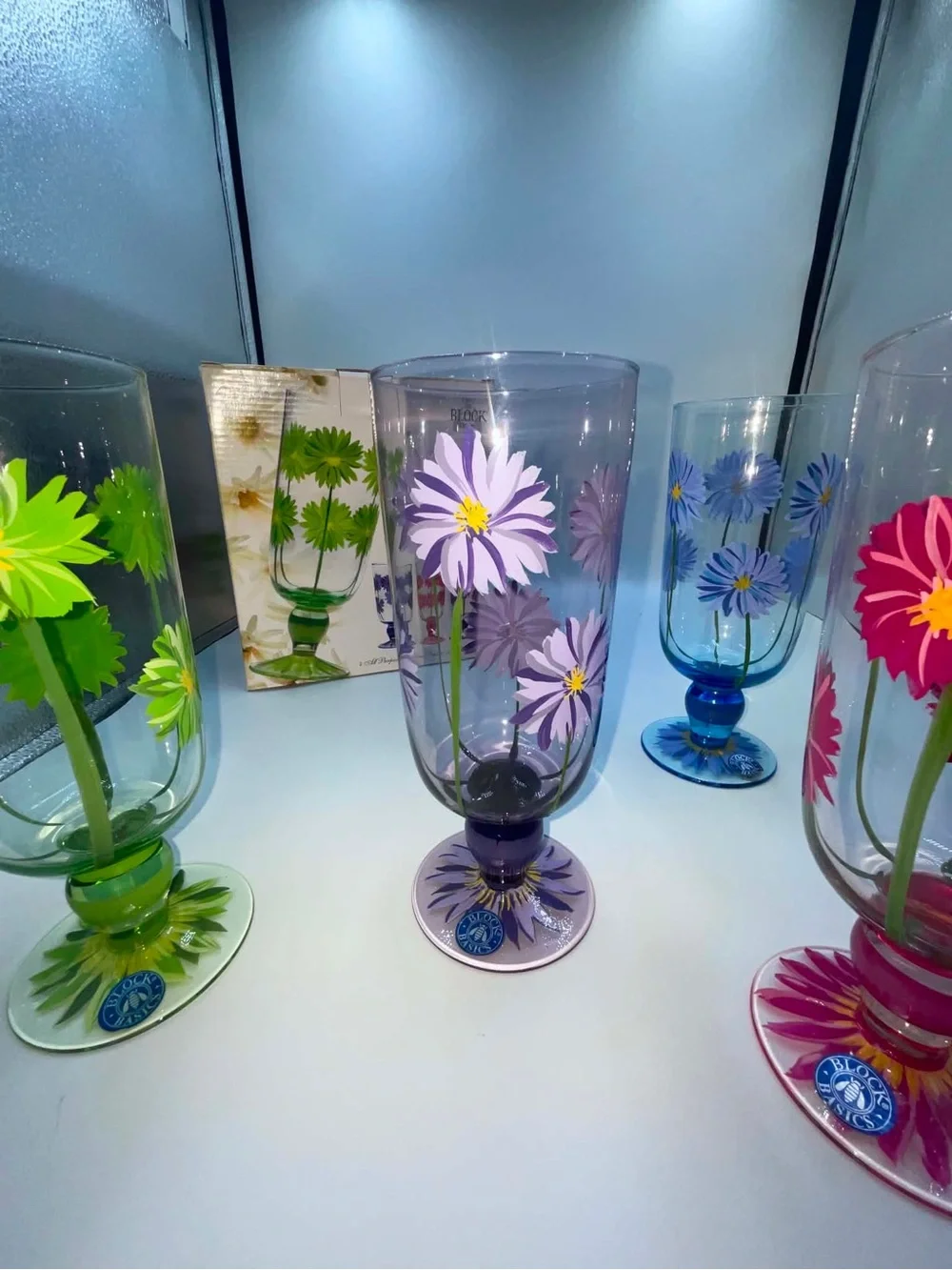 Block Crystal Daisy 4 Hand Painted All Purpose Water Tea Stemmed Glass Goblets